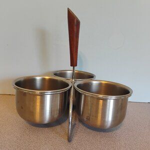 Vintage 1970s 3 Compartment Condiment Holder Stainless and Teak